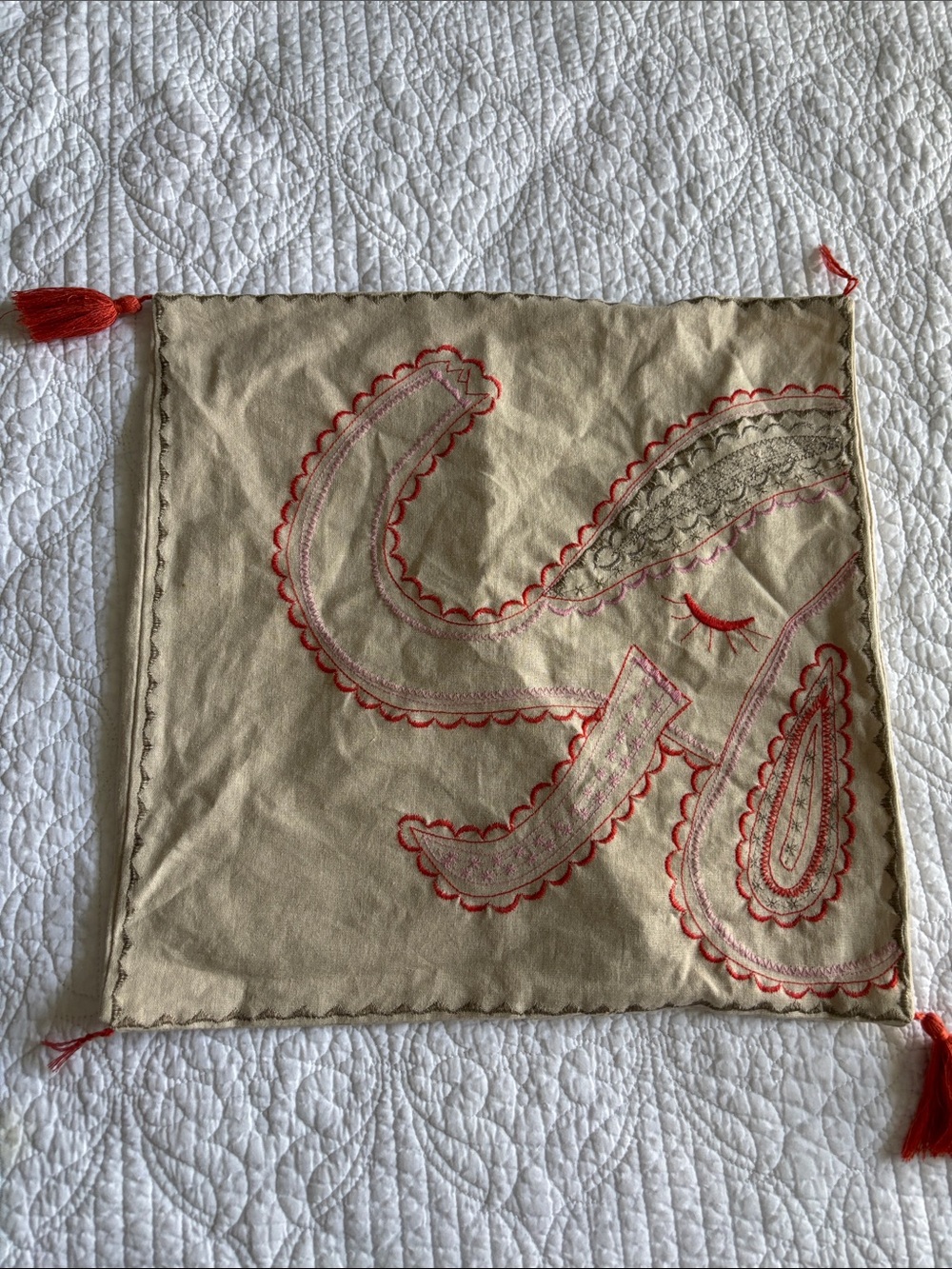 Pottery Barn Kids Linen Blend Embroidered Elegant Motif Throw Pillow Cover Case